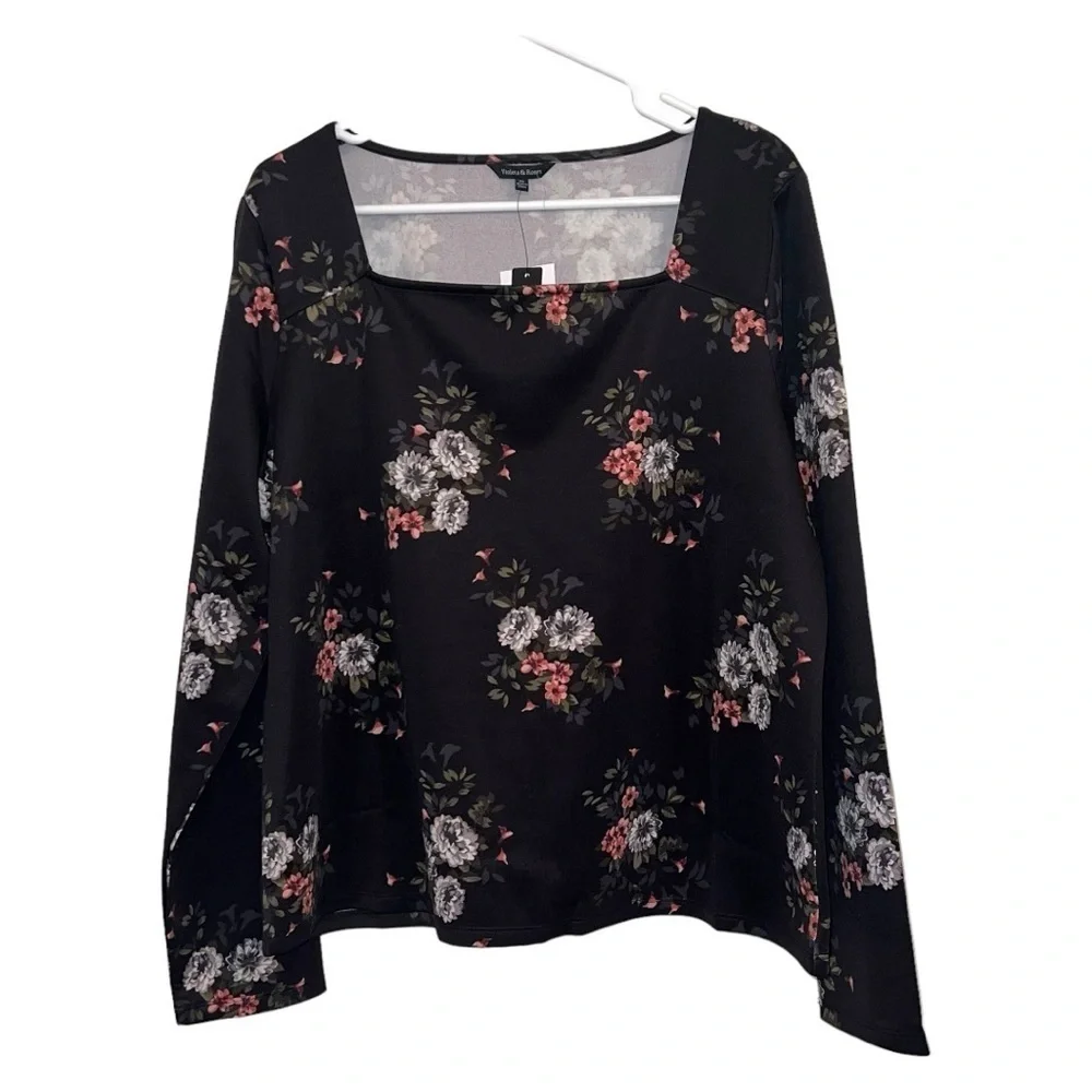 Violets & Roses Women's Square Neck Long Sleeve Floral Top Black Size XL NWT - Picture 3 of 10